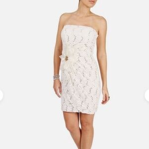 Morgan & Co. white lace strapless dress sequin flower wedding 3/4